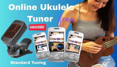 A woman tuning her wooden ukulele with a digital a free online ukulele tuner app.