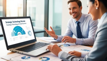 Business professionals performing a strategic technology review using a laptop with data charts.
