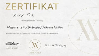 Mesotherapie training certificate for Rabiye Gül from Laura Stüber Aesthetics and Cosmetics.