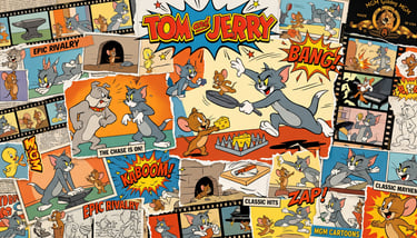 Uma colagem colorida de desenhos animados de Tom e Jerry, apresentando o gato e o rato em cenas clás