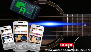 Digital chromatic guitar tuner and smartphones displaying online guitar tuning app tutorials over an acoustic guitar.