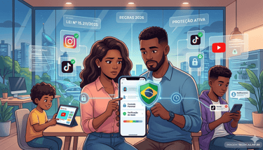 Uma ilustração moderna mostrando uma família brasileira configurando o controle parental