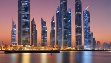 a man riding a skateboard down a street next to tall buildings