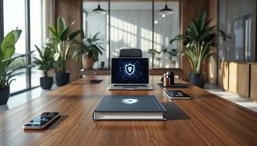 Modern luxury office desk with laptop displaying security shield, book, phone and tablet, cybersecurity theme.