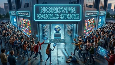 Crowd fighting outside NordVPN store to buy deals, waving a safemoney.cloud credit card in the frantic queue.