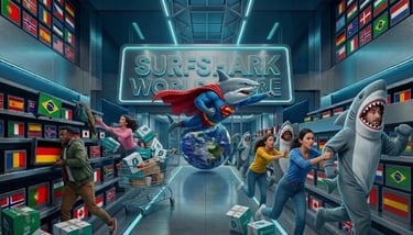 Customers in shark costumes rushing through the futuristic Surfshark store aisles to find the best VPN deals and offers.