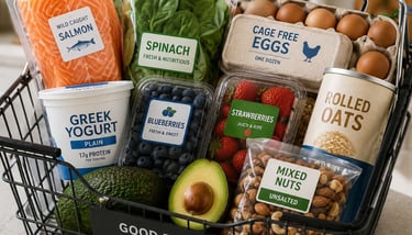 Grocery basket filled with healthy foods including salmon, eggs, Greek yogurt, spinach, berries, oat