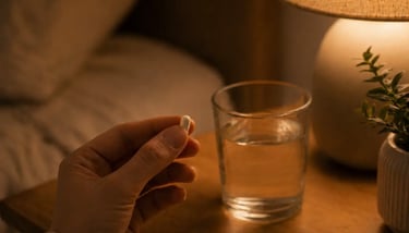 Hand holding a white sleeping pill at night next to a glass of water on a bedside table.