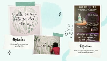 Mural efecto acuarela con caligrafía. Pizarra con ilustraciones y lettering.