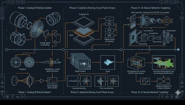 Diagram showing the evolution of missile seekers from analog IR reticles to digital focal plane arrays and AI neural network