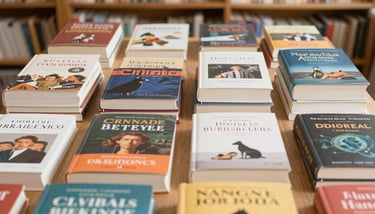 A vibrant bookstore shelf filled with colorful French literature.
