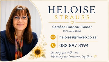 Business card for Heloise Strauss, a Certified Financial Planner with contact details and sunflower branding.