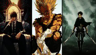 "Banner de animes com personagens inspirados em Dragon Ball, Death Note e Attack on Titan, em estilo