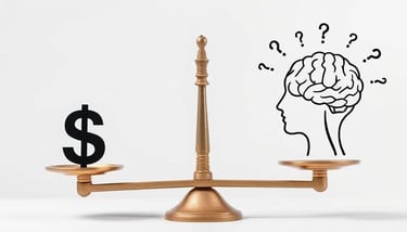 Picture a balanced scale with dollar signs on one side and a brain thinking on the other.