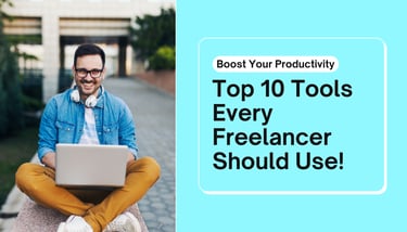 a man sitting with a laptop and headphones with the text top 10 tools every freelancers should use