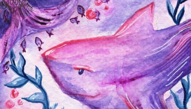 a shark and mermaid in a purple and blue watercolor painting
