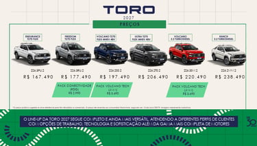 Price list for the 2027 Fiat Toro pickup truck lineup showing models from Endurance to Ranch with various engine options.