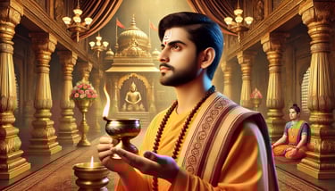 एक हिंदू पुजारी पारंपरिक मंदिर में पवित्र अनुष्ठान करते हुए, हाथ में दीपक और मंत्रोच्चार के साथ। 