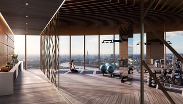 elegant hotel gym rooftop with city views