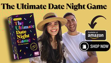 a man and woman holding a game of date night game