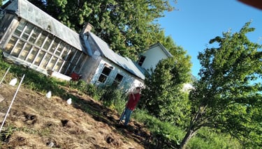 Farmer Brian stands in front of the solarium, one of our greenhouses.