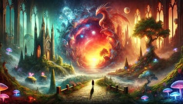 Un explorateur en reality shifting ou autohypnose avance vers un portail vers un autre univers