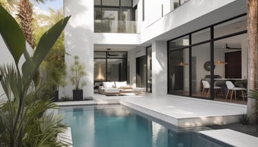 a pool with a palm tree and a palm tree