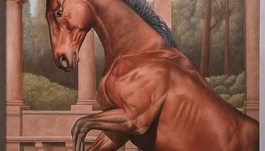 An oil painting of a horse rearing in an open space with a columned structure in the background.