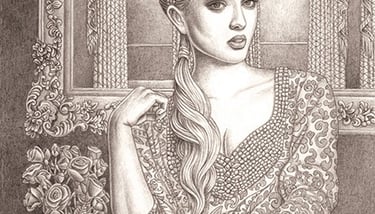 A pencil drawing of a young woman wearing an elaborate patterned dress in front of a mirror.