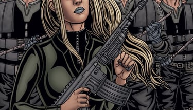 Artwork of a futuristic woman soldier in front of male soldiers outdoors.