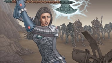 Art showing a futuristic woman with ancient axe.