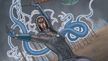 Art showing a futuristic woman warrior with an ancient axe in a field.