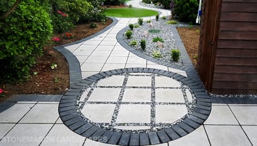 Patio with custom stone circle with aggregates and paving weaving through adventurous garden design