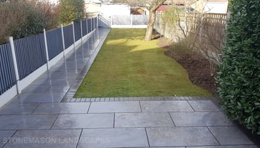 Grey Fence, Porcelain Patio With Charcoal Edging Blocks, Fence  & Gate Install With New Lawn