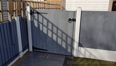 Grey Fence, Porcelain Patio With Charcoal Edging Blocks, Fence  & Gate Install With New Lawn