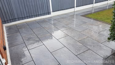 Grey Fence, Porcelain Patio With Charcoal Edging Blocks, Fence  & Gate Install With New Lawn