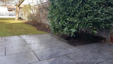 Grey Fence, Porcelain Patio With Charcoal Edging Blocks, Fence  & Gate Install With New Lawn