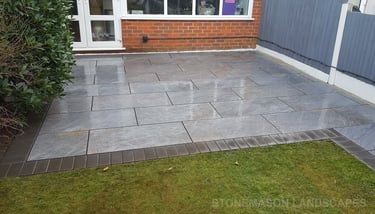 Grey Fence, Porcelain Patio With Charcoal Edging Blocks, Fence  & Gate Install With New Lawn