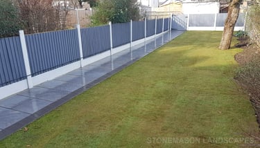 Grey Fence, Porcelain Patio With Charcoal Edging Blocks, Fence  & Gate Install With New Lawn