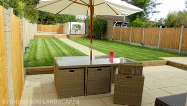 Large multi-level tiered garden makeover, sleeper retaining wall and steps elevated garden