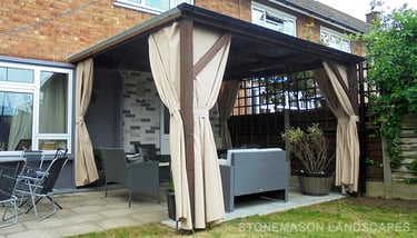 Solid roof sheltered canopy wooden pergola with curtains