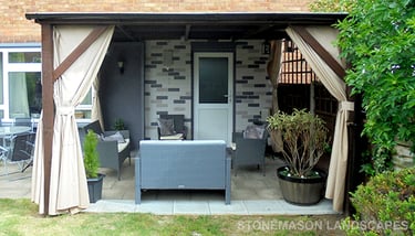 Solid roof sheltered canopy wooden pergola with curtains