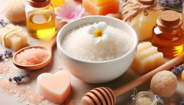 sugar in white bowl with honey , and soaps around