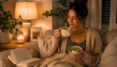 A woman relaxing on a sofa with a book, hot tea, and healthy breakfast bowl in a cozy room.