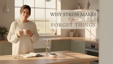 A woman holding a mug in a kitchen with text explaining why stress causes memory loss.