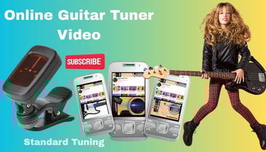 Girl with electriguitar using online guitar tuner app on mobile phones online digital tuner.