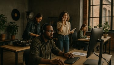 a man and woman sitting at a desk with a computer