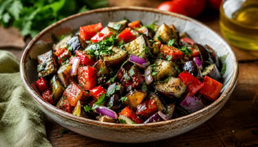 Salada de berinjela saudável com tomate, cebola e pimentão em tigela rústica.