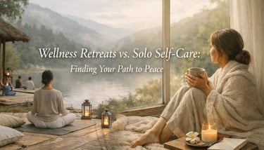 A woman practices meditation at a mountain wellness retreat alongside a woman enjoying solo self-care by a window.