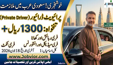 A social media job ad for a Private Driver in Riyadh. Features a professional man and car with the R
